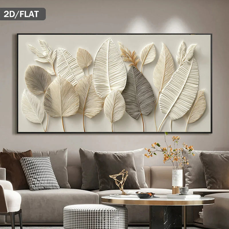 Decorative wall art with leaf design in a living room setting