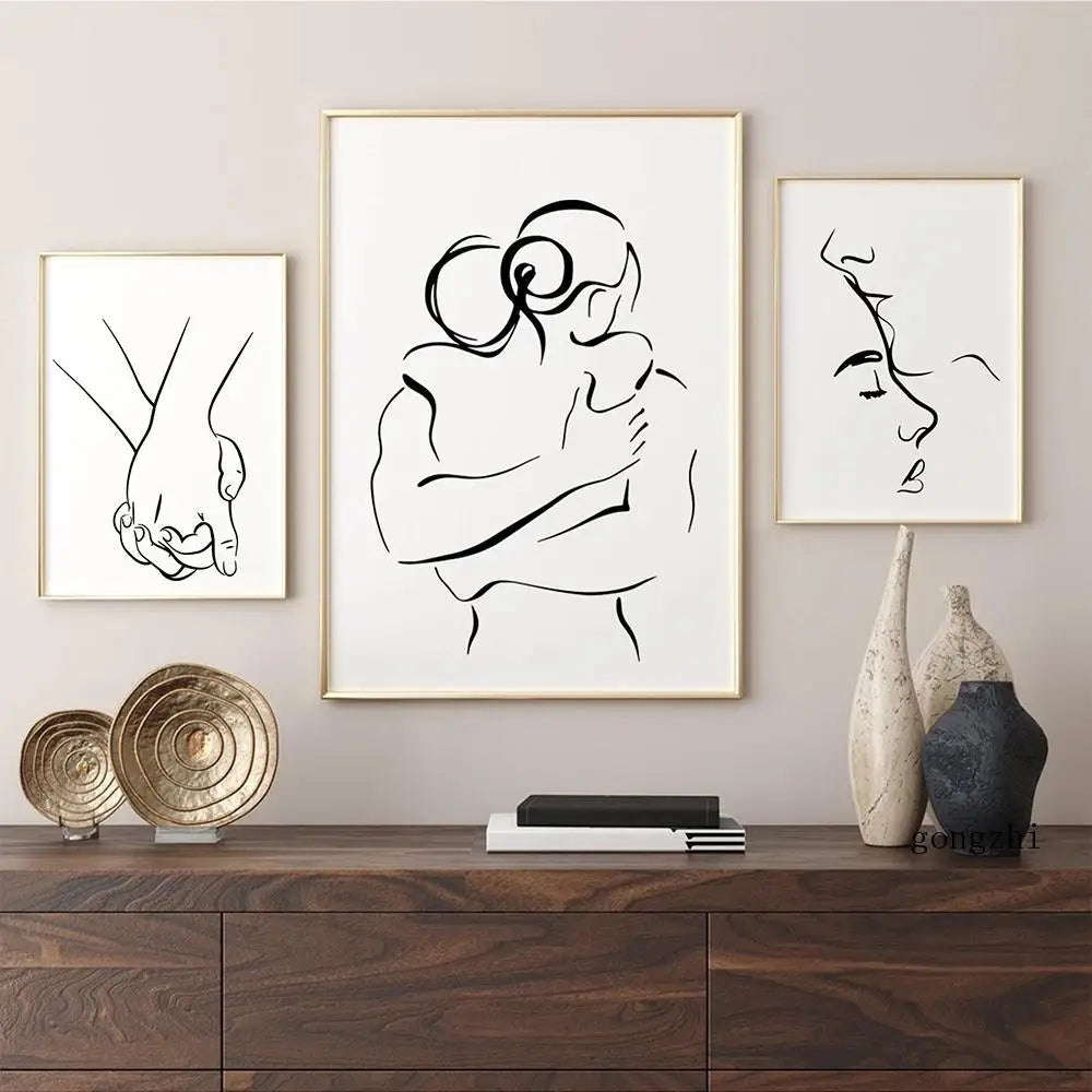 Minimalist Line Art Lovers Black White Wall Art Fine Art Canvas Prints Posters Pictures For Bedroom Living Room Romantic Couples Art For Modern Home Decor