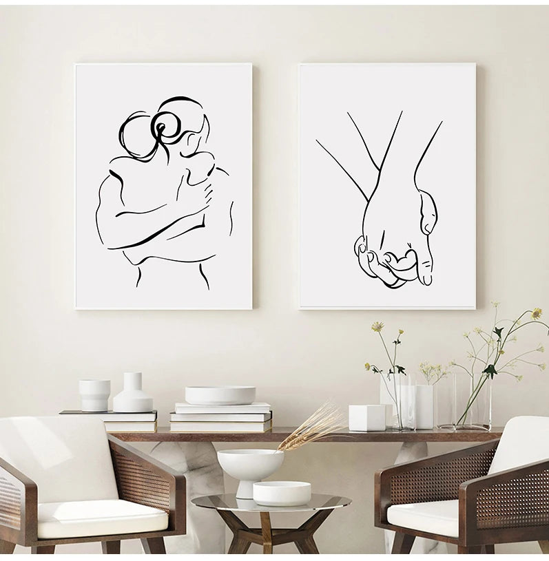 Minimalist Line Art Lovers Black White Wall Art Fine Art Canvas Prints Posters Pictures For Bedroom Living Room Romantic Couples Art For Modern Home Decor