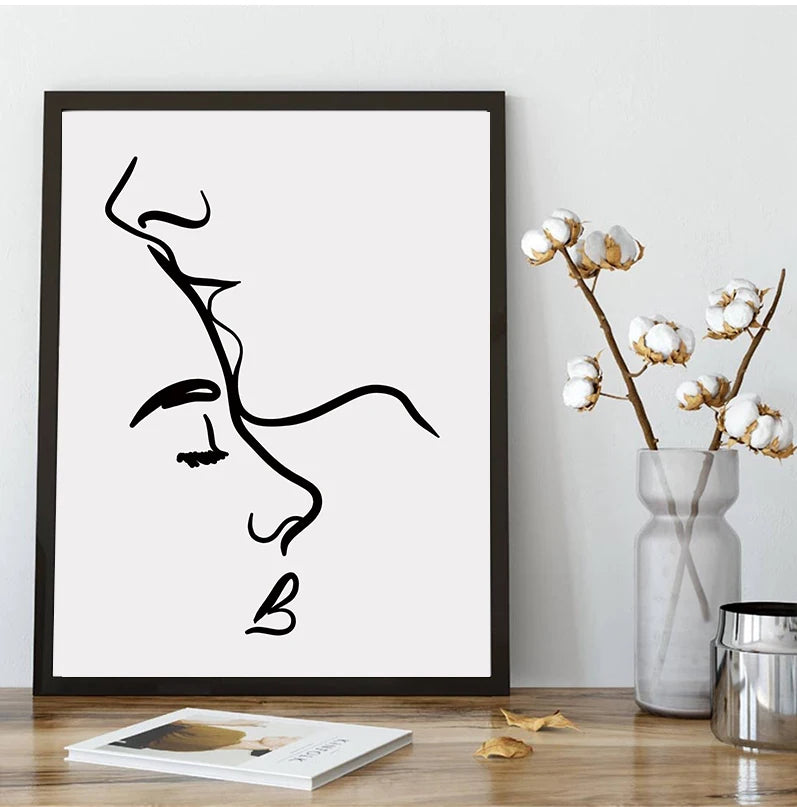 Minimalist Line Art Lovers Black White Wall Art Fine Art Canvas Prints Posters Pictures For Bedroom Living Room Romantic Couples Art For Modern Home Decor