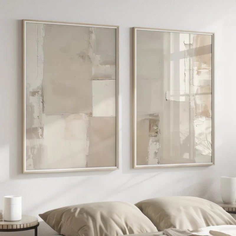 Minimalist Neutral Abstract Geometric Wall Art Fine Art Canvas Prints Set of 2Pcs Beige Cream Grey Artworks for Modern Bedroom Living Room Decor