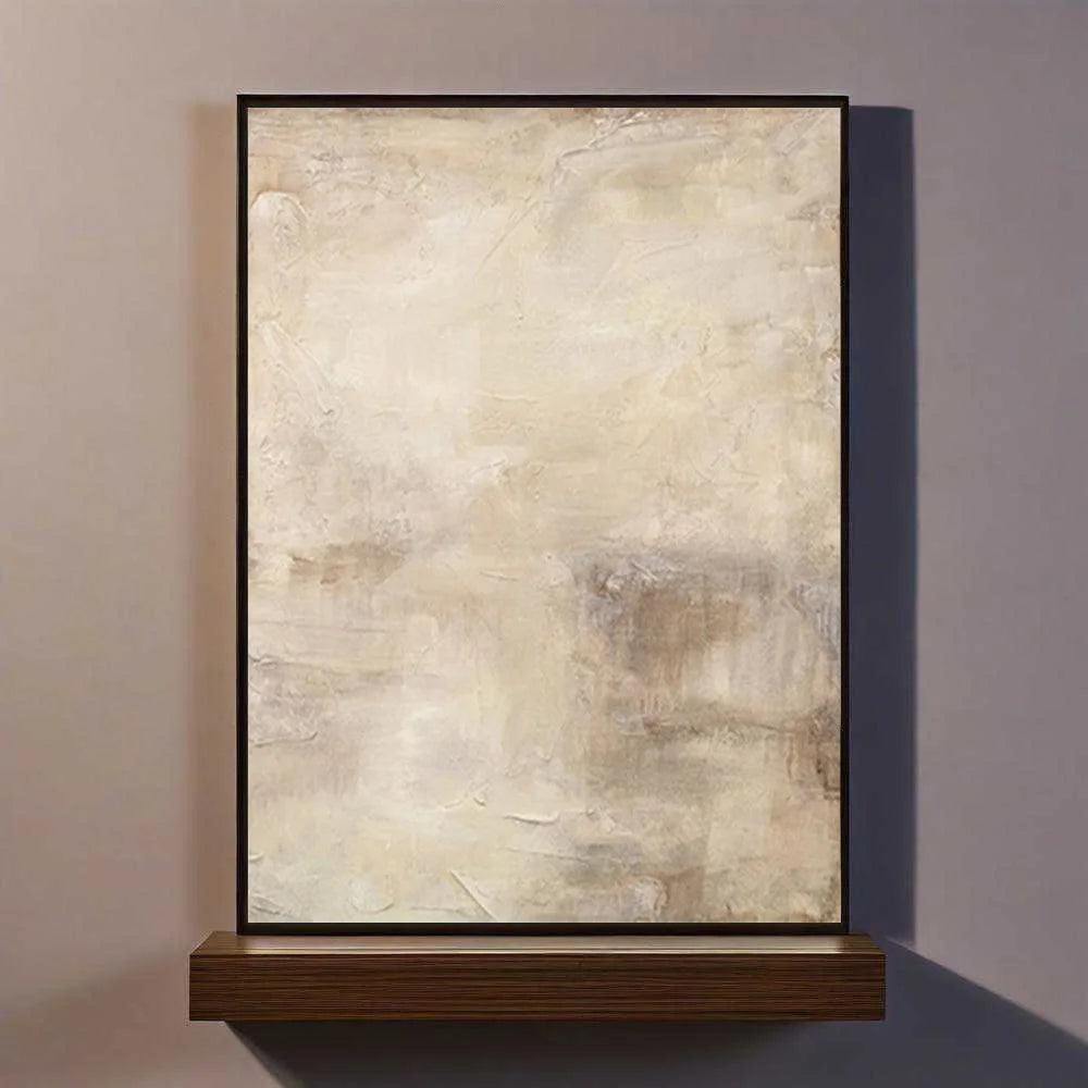 Abstract painting on a wall with a wooden shelf below