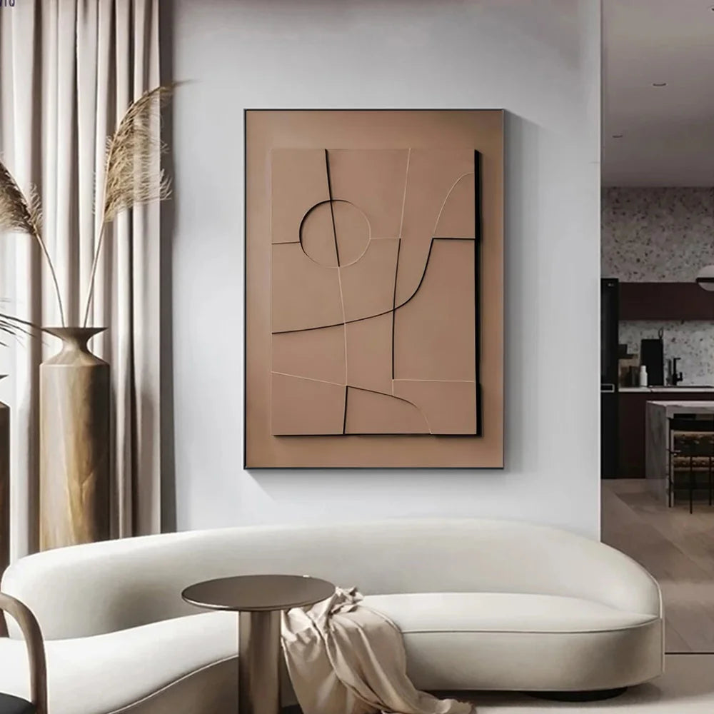 Modern living room with a white sofa, abstract painting, and decorative elements.