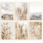 Set of six framed prints featuring natural landscapes and plants.