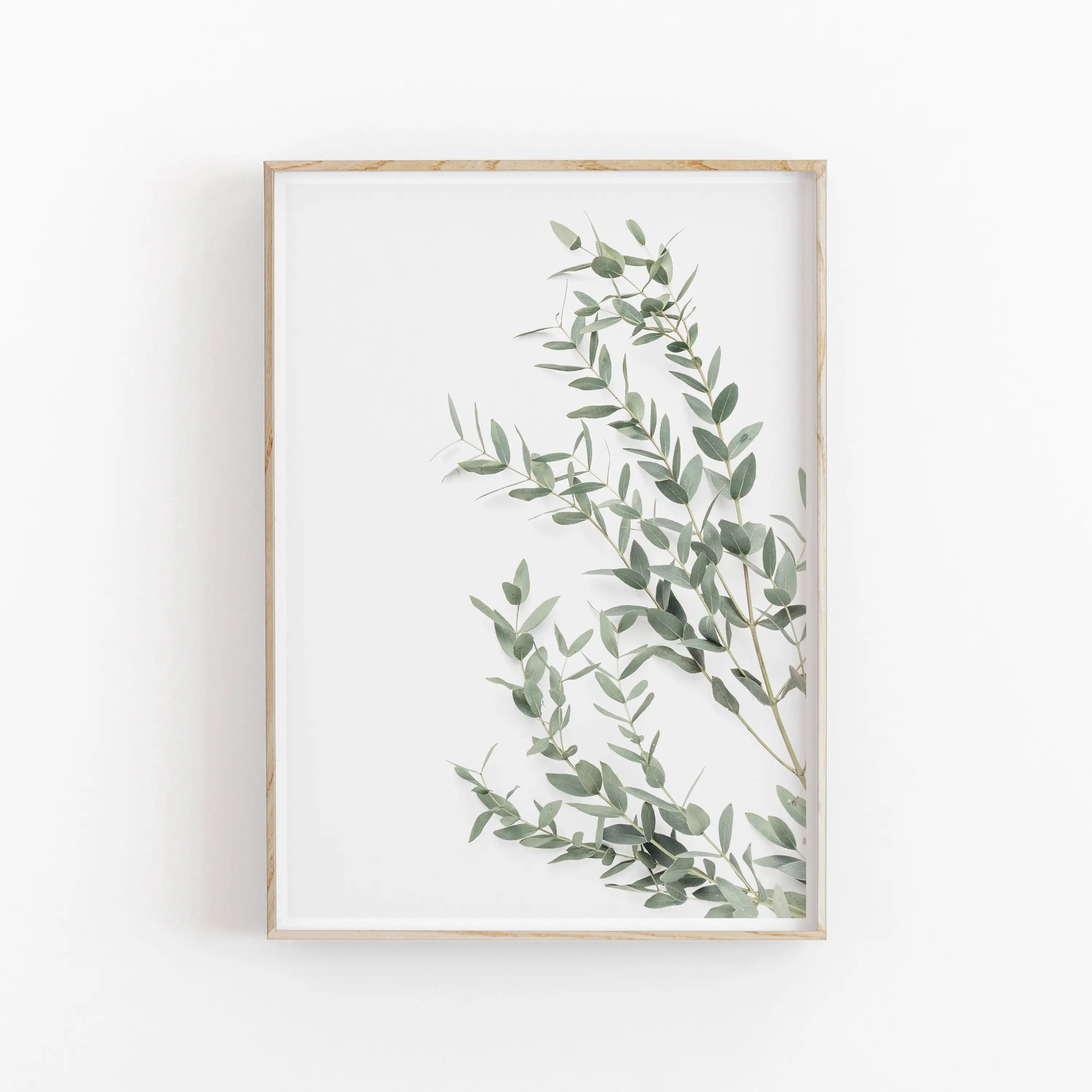 Framed artwork of green leaves on a white background