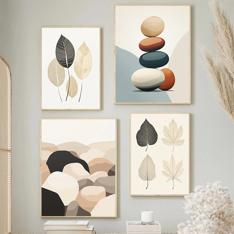 Minimalist Nordic Zen Pebbles and Leaves Neutral Colors Pictures For Living Room Dining Room Bedroom Boutique Spa Salon Art Decor
