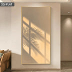 Decorative wall art with palm leaf design on a beige wall