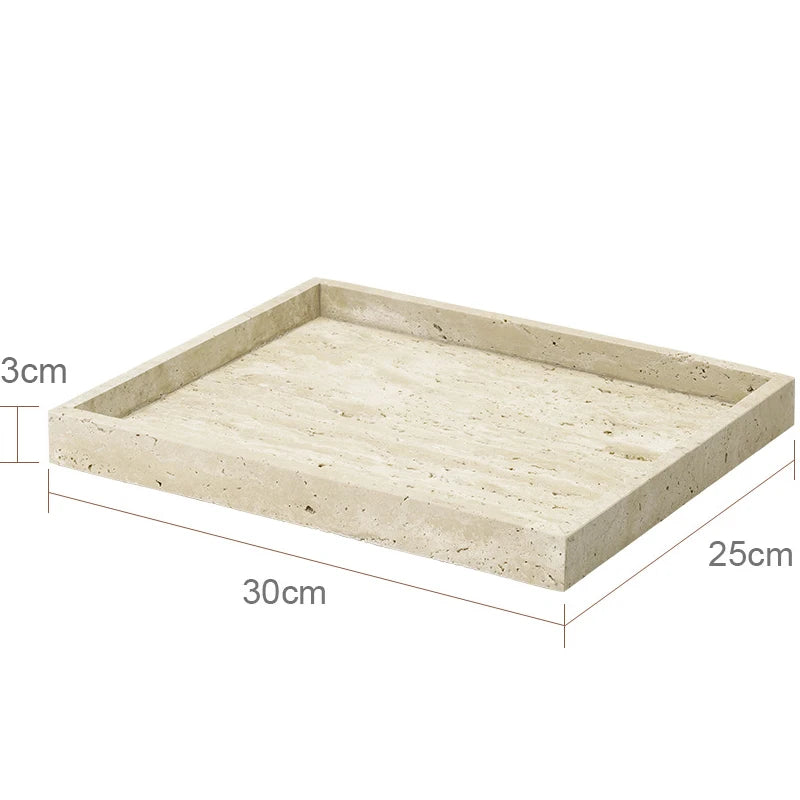 Beige tray with dimensions labeled on a white background