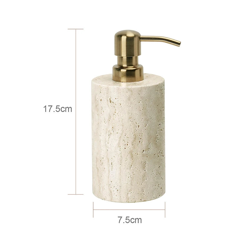 Beige soap dispenser with gold pump and measurements on a white background