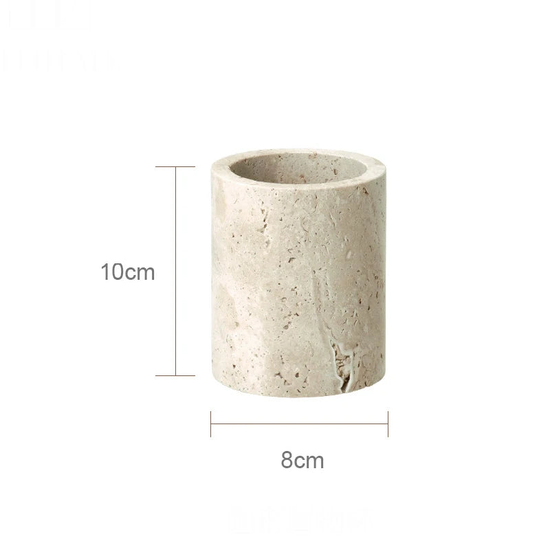 Beige cylindrical container with dimensions on a white background