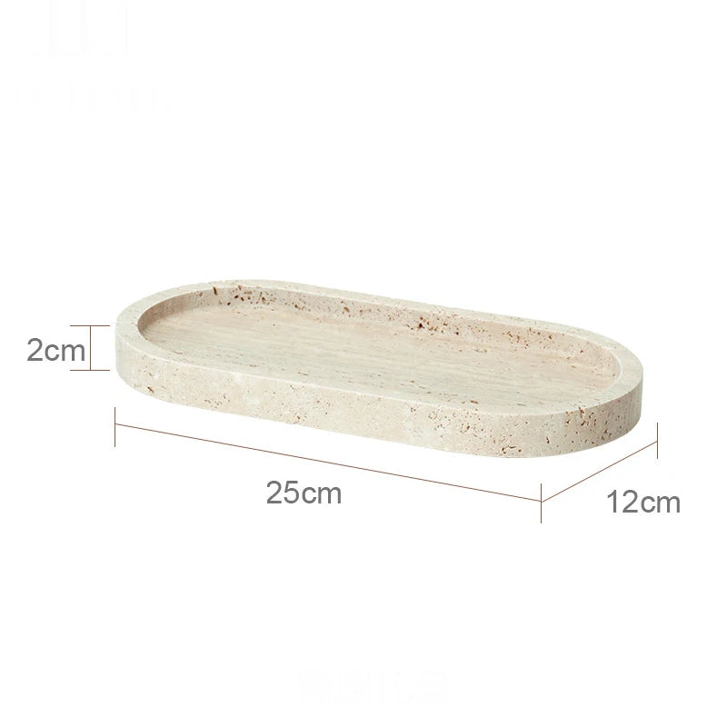 Oval-shaped stone tray with dimensions labeled on a white background