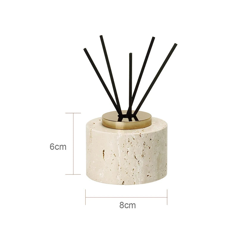 Decorative diffuser with black sticks in a beige container, showing dimensions on a white background.