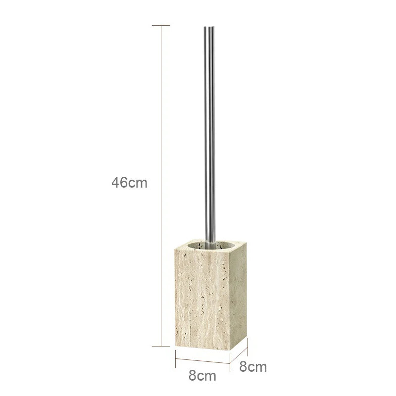 Toilet brush with wooden holder and measurements on a white background