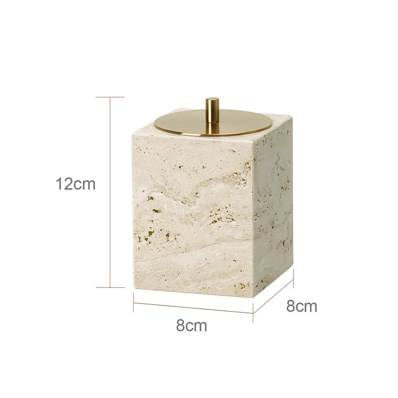 Beige stone soap dispenser with gold cap and dimensions on a white background