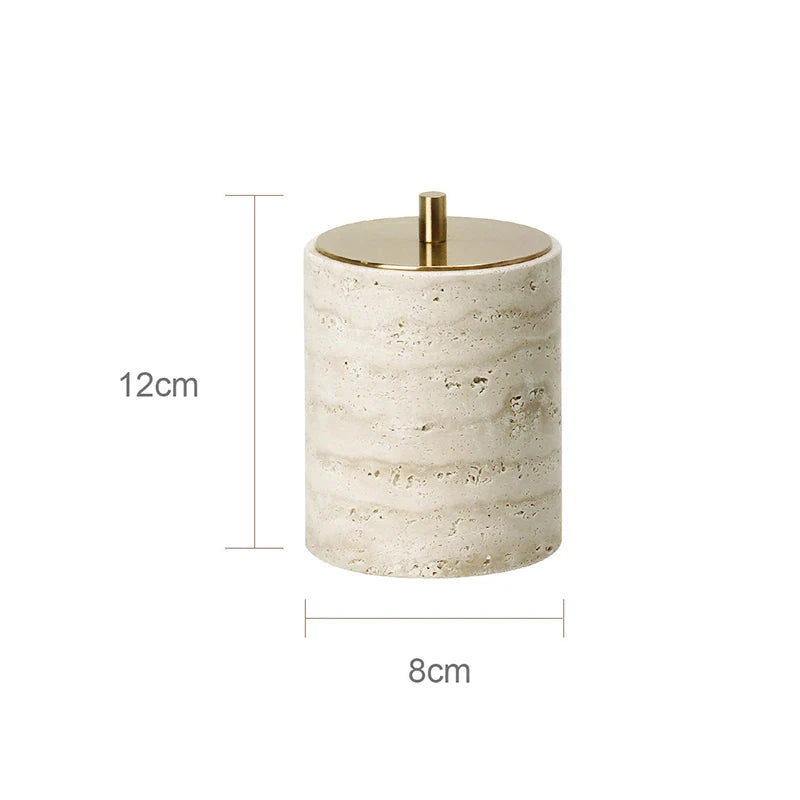 Cylindrical decorative item with gold top and measurements on a white background