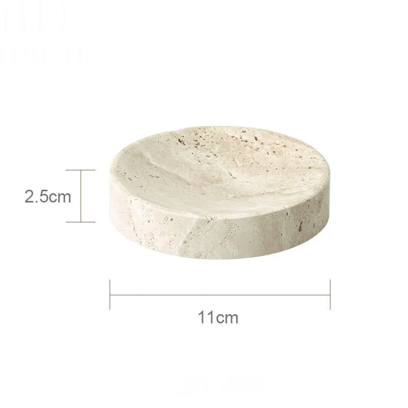 Round beige stone coaster with dimensions labeled on a white background
