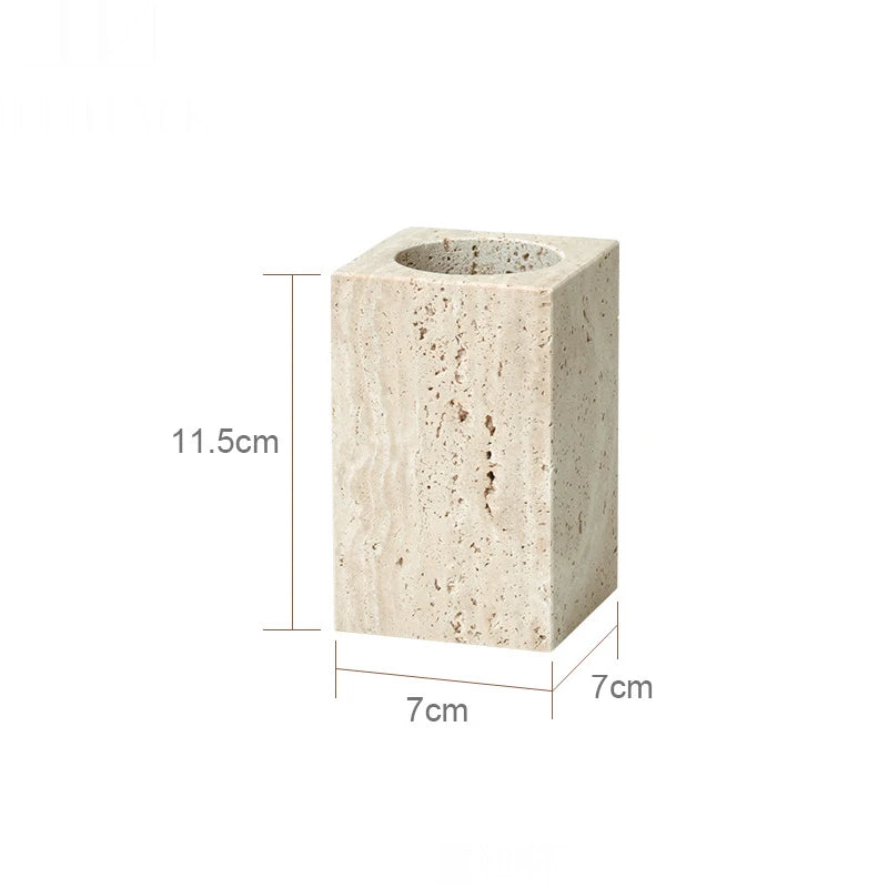 Minimalist Solid Stone Travertine Luxury Bathroom Accessories - Soap Dish Soap Dispenser Tissue Box Vanity Tray etc