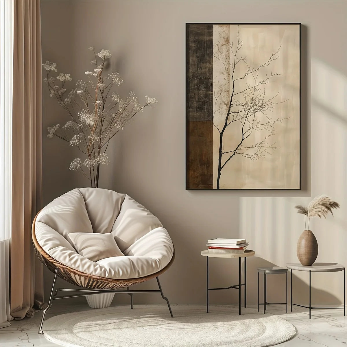 Cozy living room with a papasan chair, side tables, and wall art.