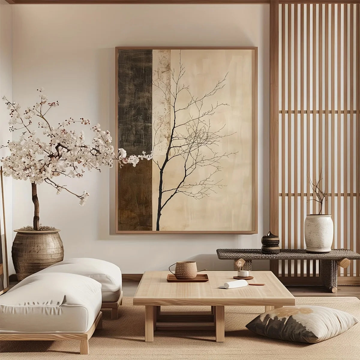 A large wall art print featuring a minimalist tree on a beige and dark brown background, displayed in a serene, modern Japanese-style living room with a low wooden table, cushions, and a blooming cherry blossom tree.