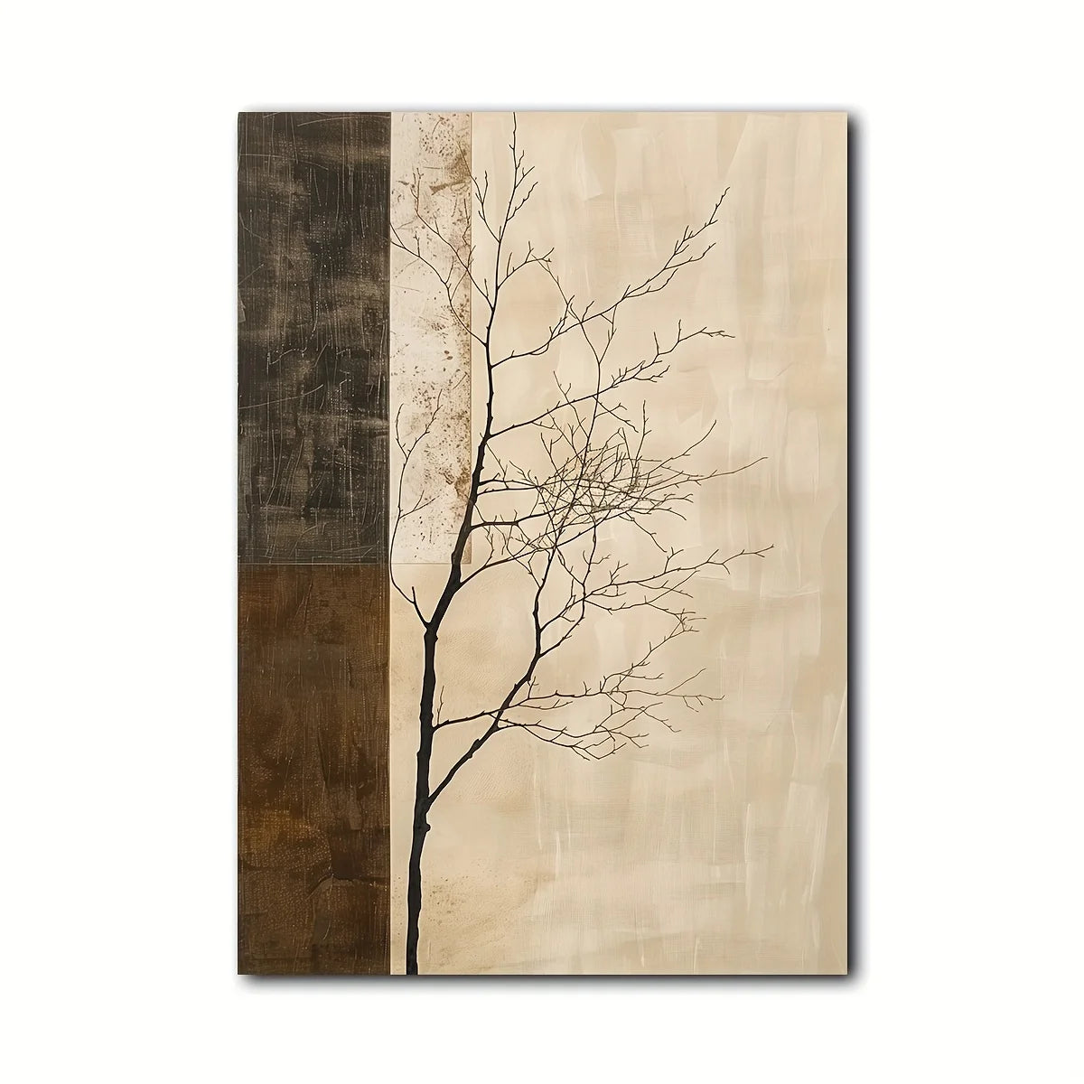 Vertical canvas wall art featuring a minimalist bare tree silhouette on a warm beige textured background with a dark brown textured vertical panel on the left, shown against a plain white background.