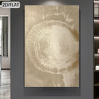Abstract art piece of a tree ring design on a gray wall