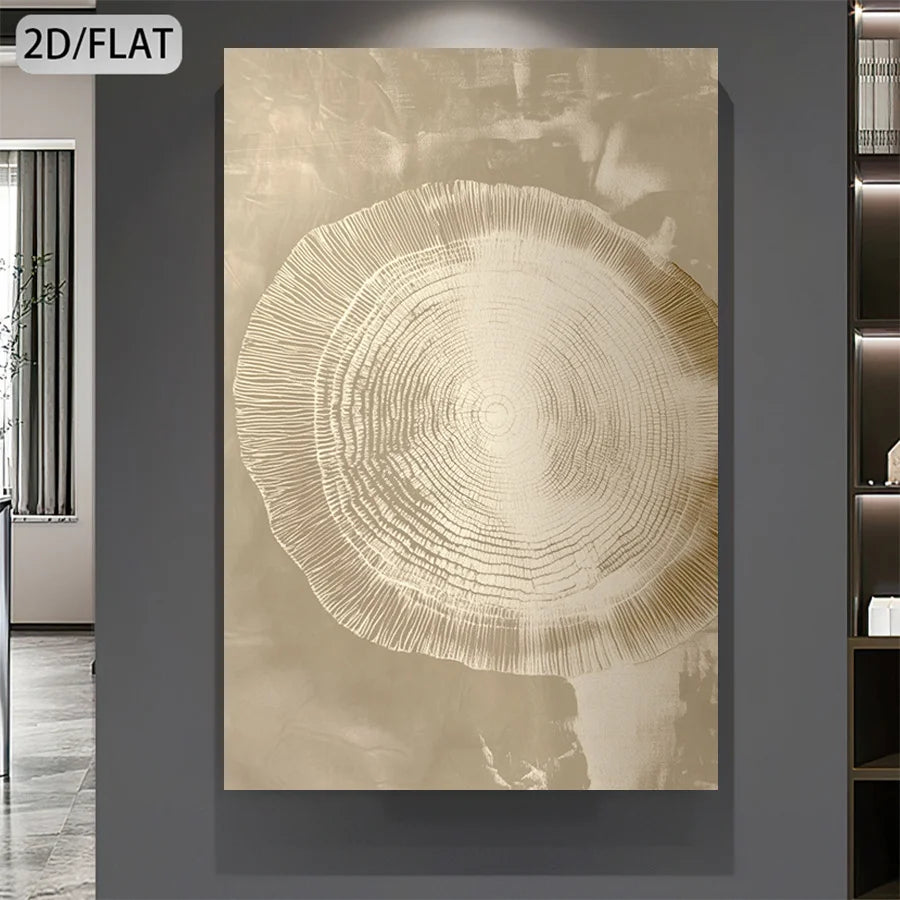 Abstract art piece of a tree ring design on a gray wall