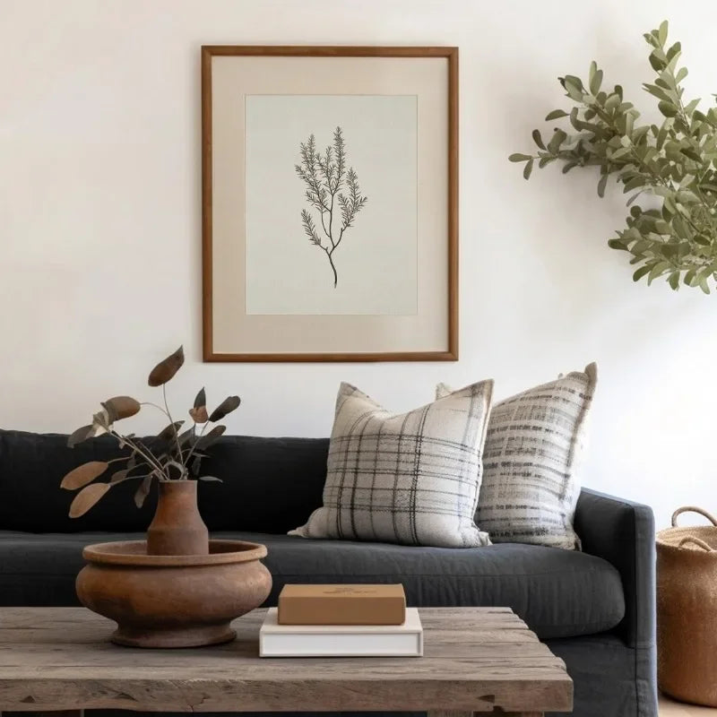 Living room with a gray sofa, wooden coffee table, and framed plant art on the wall.