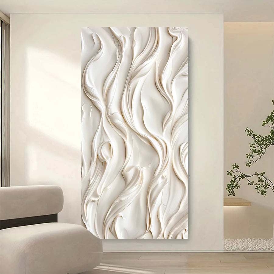 Decorative wall panel with wavy patterns in a modern interior setting.
