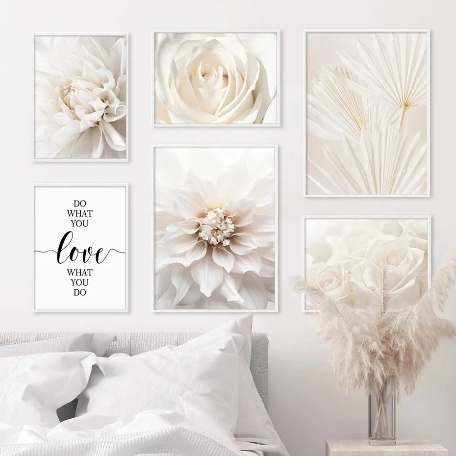 Minimalist White Floral Dahlia Rose Wall Art Fine Art Canvas Prints Pictures of Calm For Living Room Bedroom Modern Home Art Decor