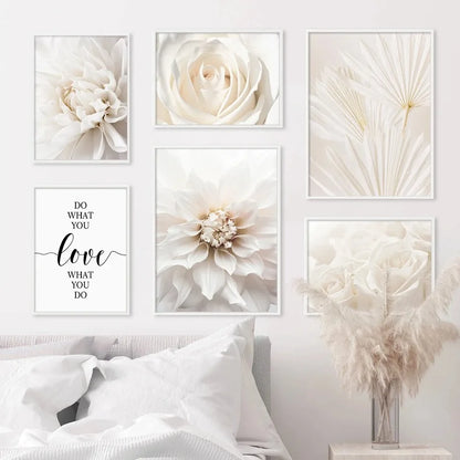 Minimalist White Floral Dahlia Rose Wall Art Fine Art Canvas Prints Pictures of Calm For Living Room Bedroom Modern Home Art Decor