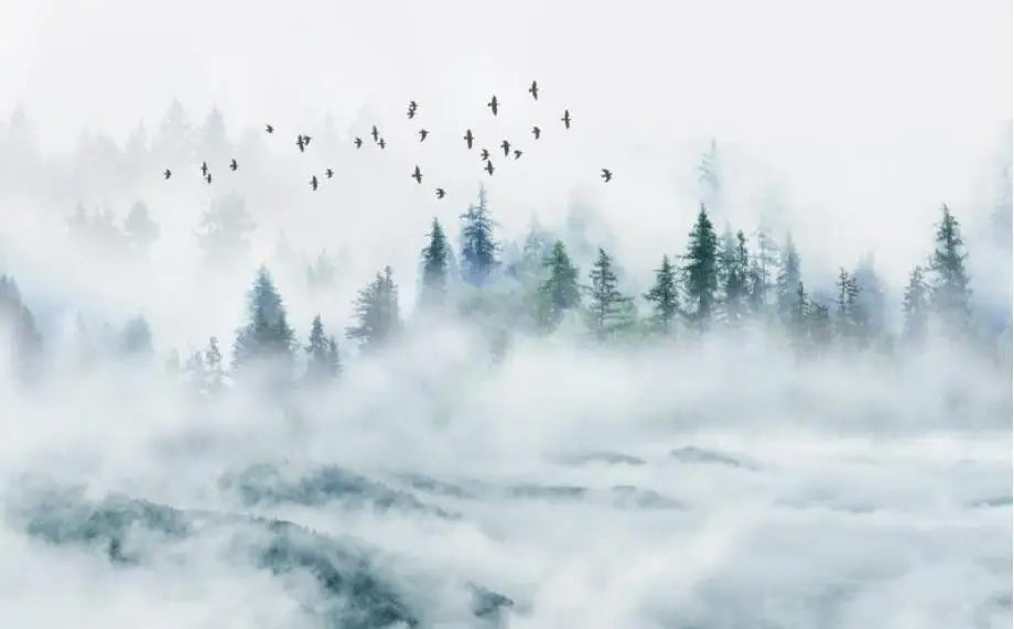 Misty Forest Landscape Wall Mural Big Format Printed Nordic Wallcovering Wallpaper For Modern Living Room Creative Home Office Wall Decor