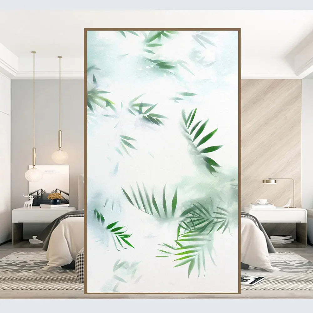 Misty Green Leaves Privacy Window Film For Bathroom Kitchen Foyer Office Removable Frosted Film For Glass Semi Transparent Peel and Stick Static Cling Technology
