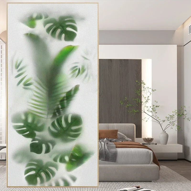 Misty Green Leaves Privacy Window Film For Bathroom Kitchen Foyer Office Removable Frosted Film For Glass Semi Transparent Peel and Stick Static Cling Technology