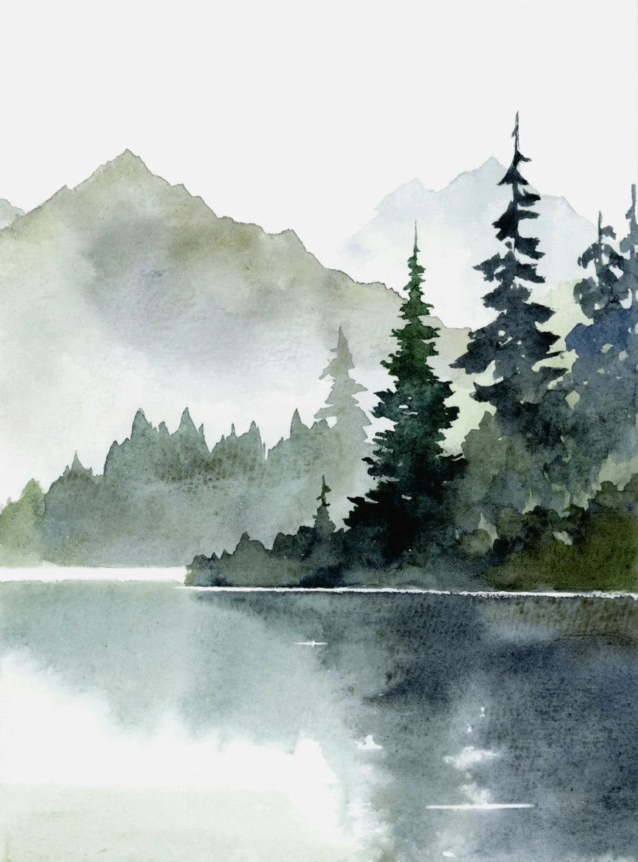 Watercolor painting of a mountain landscape with trees and a lake.