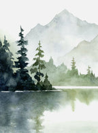 Watercolor painting of a mountain landscape with trees and a lake.