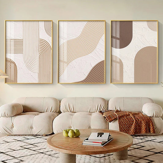 Modern Abstract Beige Geometric Lines Wall Art Fine Art Canvas Prints Pictures For Living Room Dining Room Home Office Decor