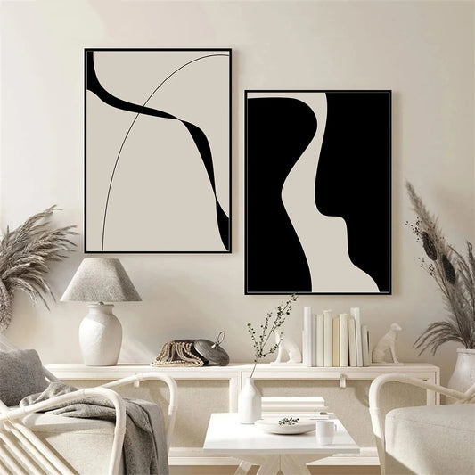Modern Abstract Black Shape & Line Minimalist Wall Art Fine Art Canvas Prints Pictures For Modern Apartment Living Room Bedroom Art Decor