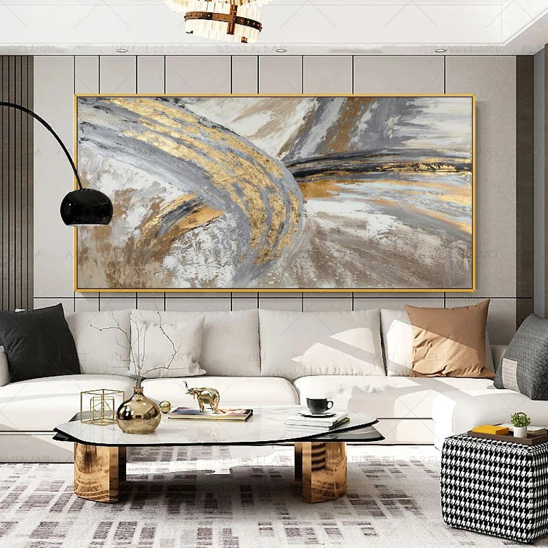 Modern Abstract Gray Beige Golden Wall Art Fine Art Canvas Prints Picture For Luxury Living Room Bedroom Art For Contemporary Interiors