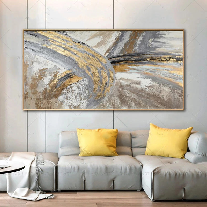 Modern Abstract Gray Beige Golden Wall Art Fine Art Canvas Prints Picture For Luxury Living Room Bedroom Art For Contemporary Interiors
