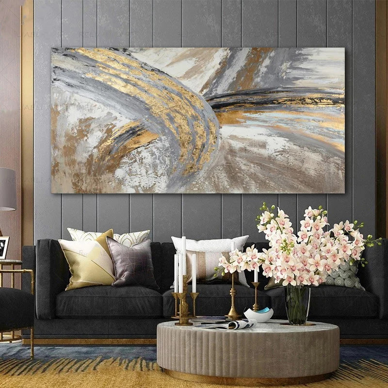 Modern Abstract Gray Beige Golden Wall Art Fine Art Canvas Prints Picture For Luxury Living Room Bedroom Art For Contemporary Interiors