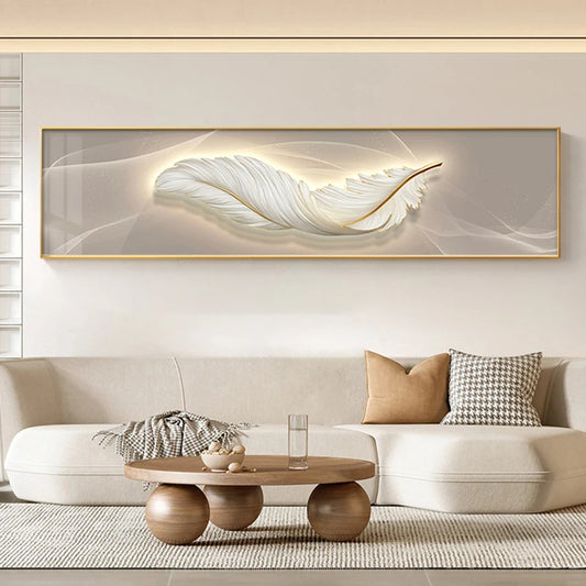 Modern Abstract White Feather Wide Format Wall Art Fine Art Canvas Prints Pictures For Luxury Living Room Bedroom Picture For Above Bed