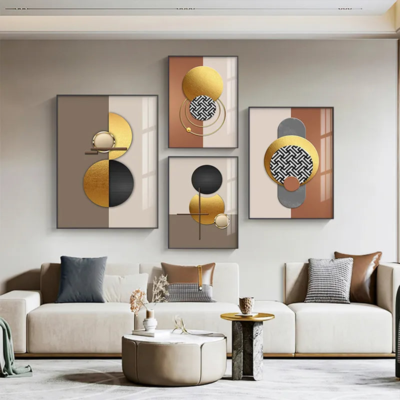 Modern Aesthetics Golden Sun Moon Abstract Geometry Wall Art Fine Art Canvas Prints Pictures For Luxury Living Room Home Office Decor