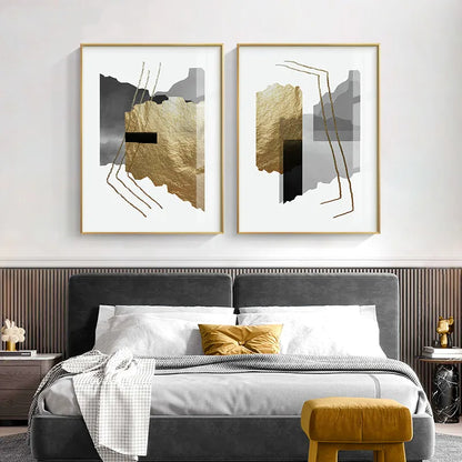 Modern Black Gray Golden Abstract Wall Art Fine Art Canvas Prints Pictures For Luxury Apartment Living Room Home Office Salon Art Decor