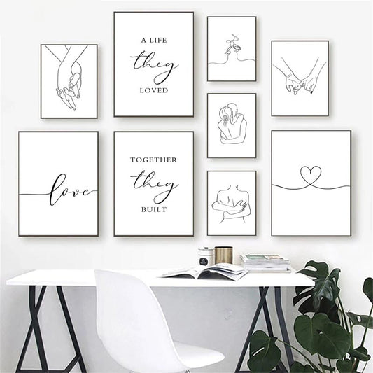 Modern Minimalist Black White Love Posters Wall Art Fine Art Canvas Prints Silhouette Figure Art Pictures For Living Room Bedroom Art Decor