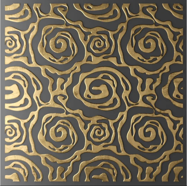 Decorative wall panel with gold rose pattern on a dark background