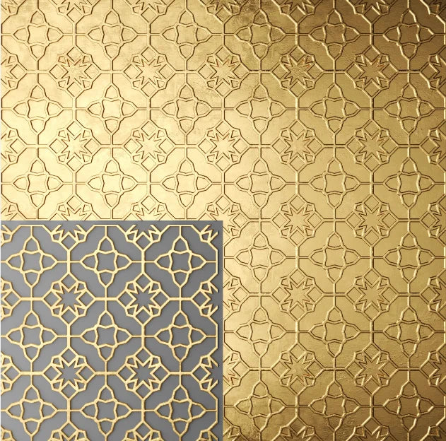 Collection of gold and gray patterned tiles