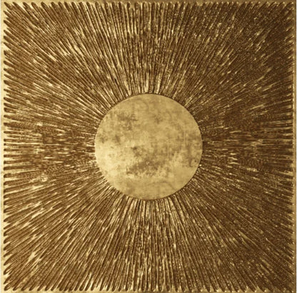 Decorative sunburst design in gold on a textured background