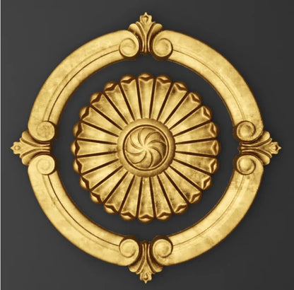 Decorative gold emblem with intricate design on a dark background