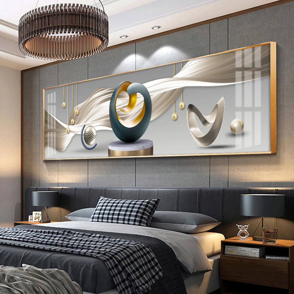 Modern bedroom with abstract wall art above a bed