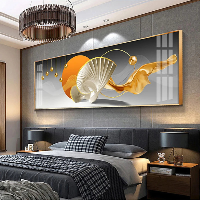Modern bedroom with abstract art on the wall